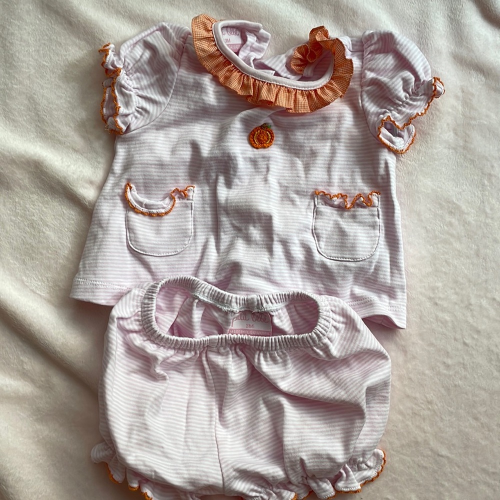 Worn once petit bebè baby girl pumpkin outfit